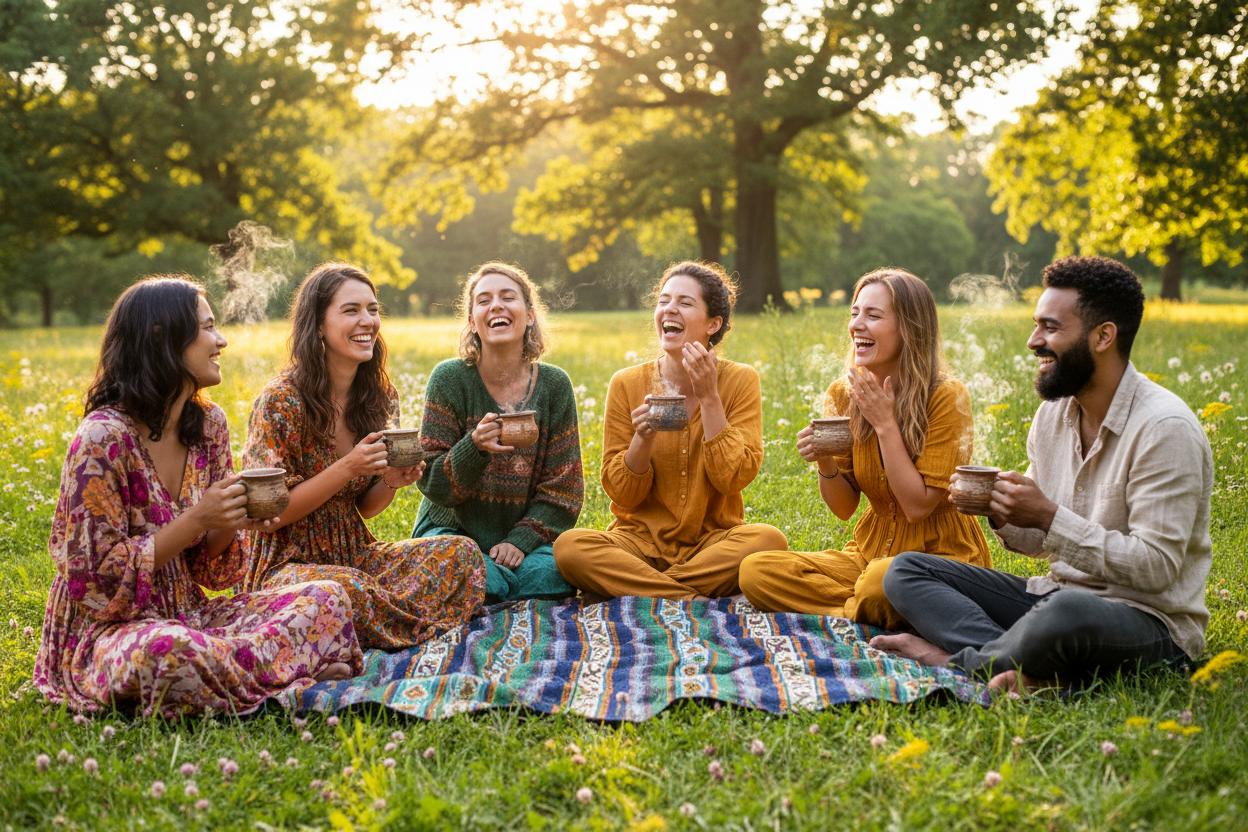 Group Drinking Dandelion Tea in Park