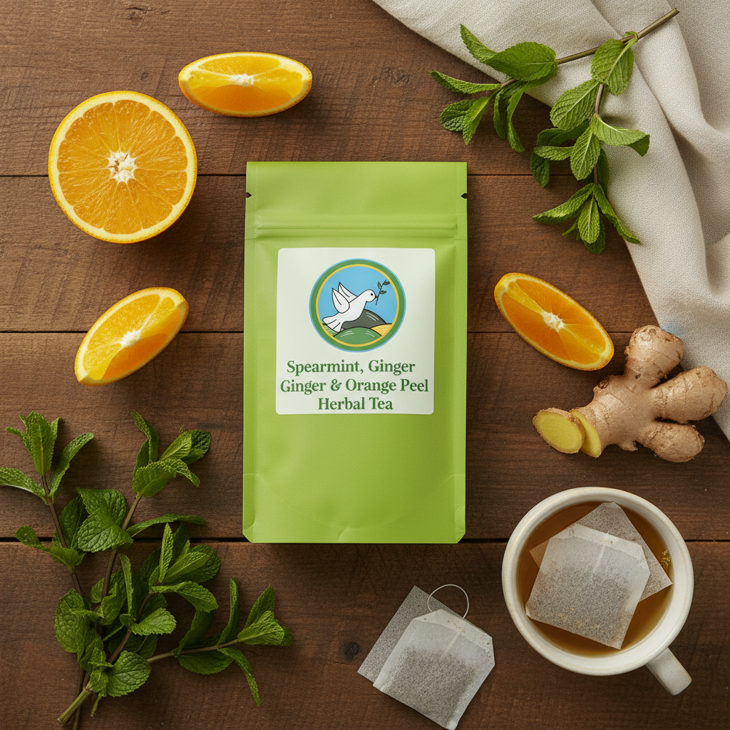 Spearmint Ginger & Orange Peel Herbal Tea flat lay with lime green packaging