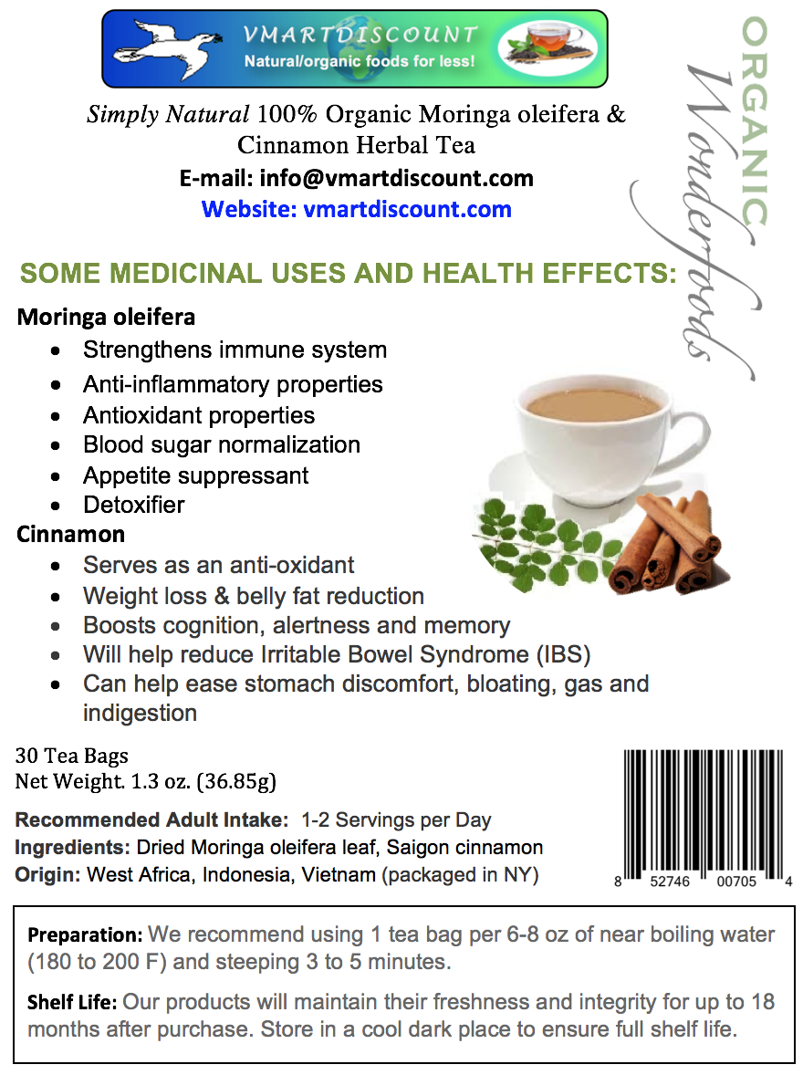 All Natural Moringa & Cinnamon Herbal Tea – Antioxidant-Rich Caffeine-Free (30 Bags)