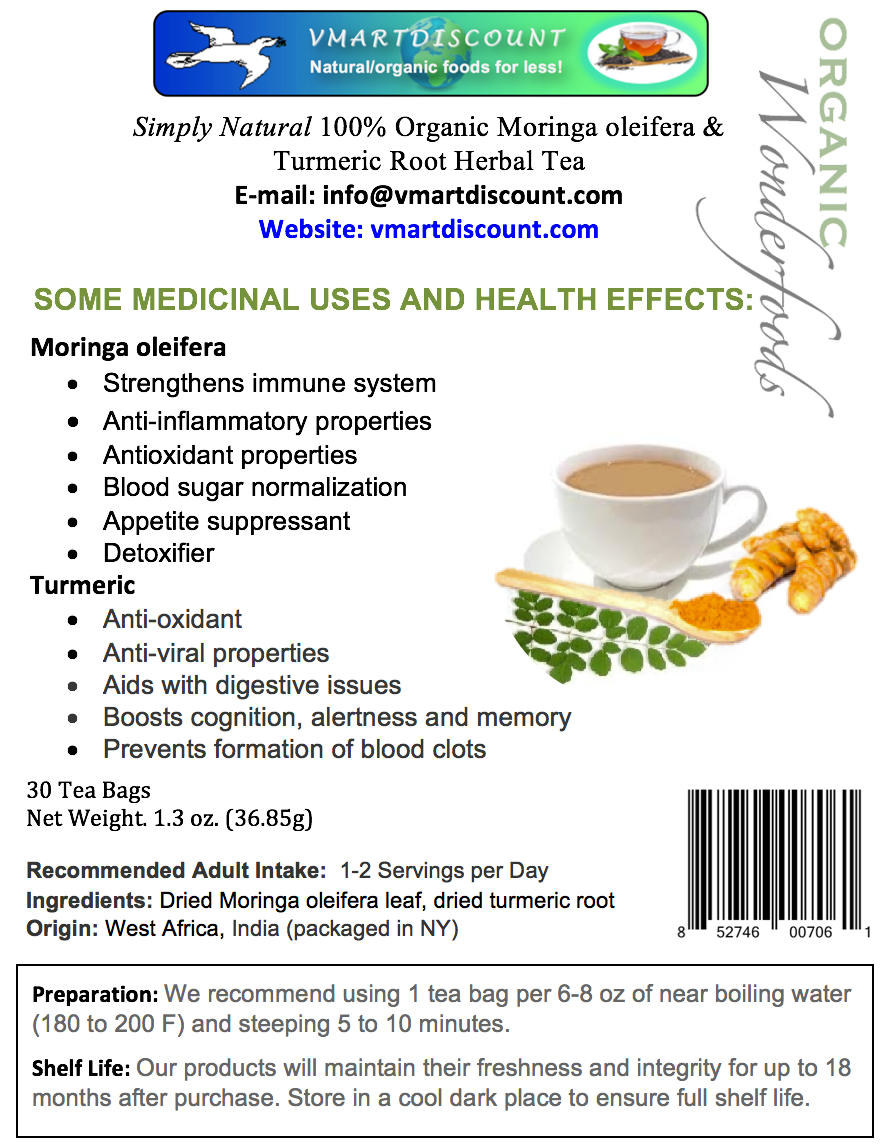 Moringa Oleifera & Turmeric Root Herbal Tea (30 Bags)