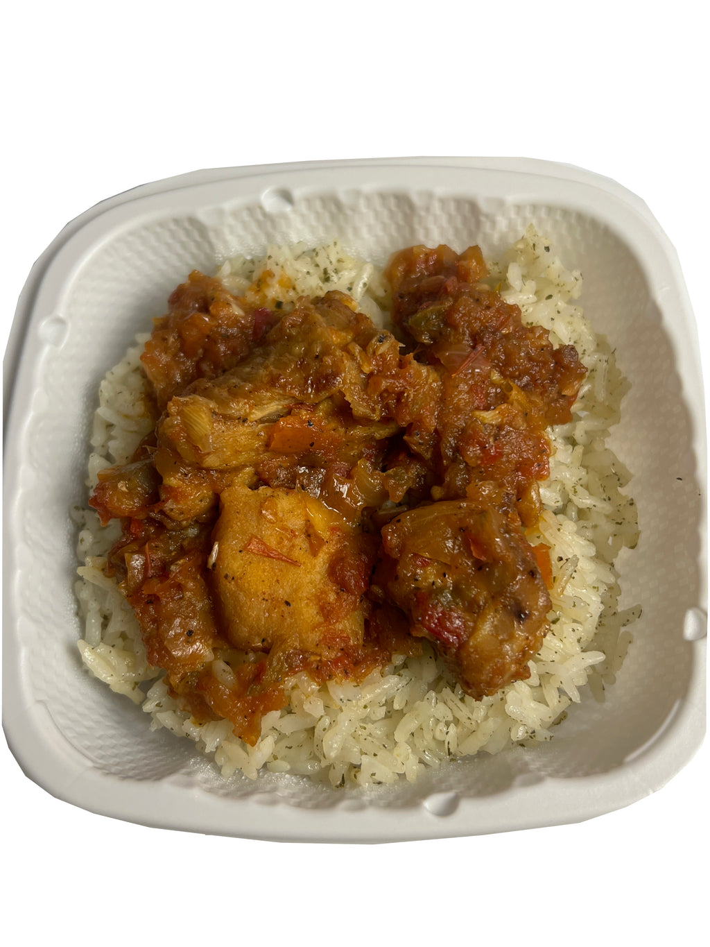 Vincent Farms stew gravy served over hibiscus or moringa leaf rice in a container — wholesome West African ready-to-eat meal