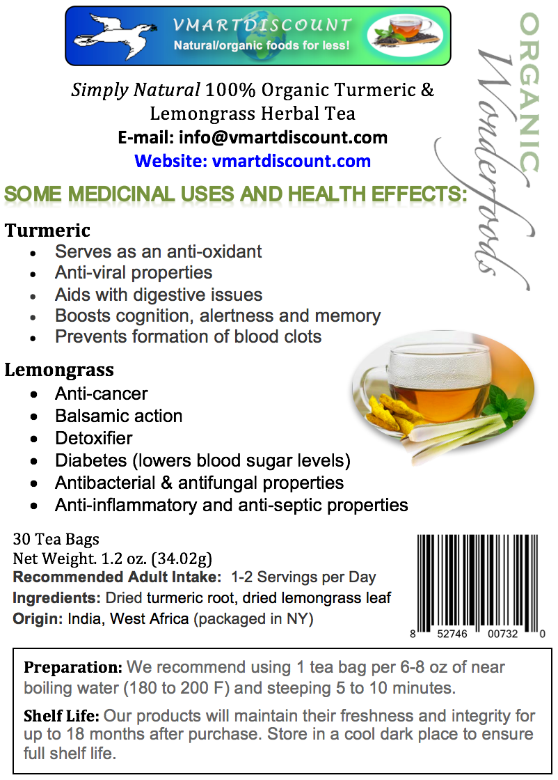Vincent Farms Turmeric & Lemongrass herbal tea box and tea bags — anti-inflammatory, caffeine-free wellness blend, 30 bags