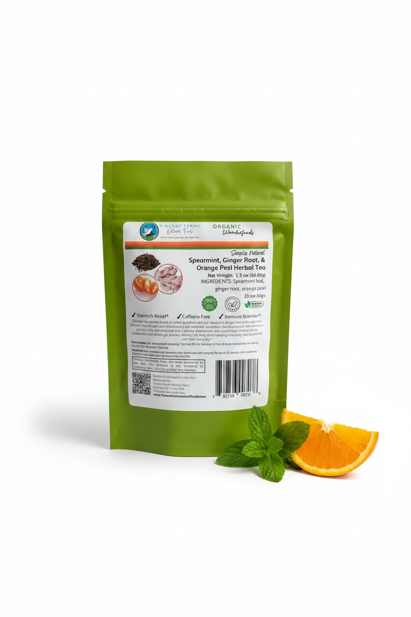 Vincent Farms Spearmint Ginger Orange Peel Herbal Tea Studio Shot