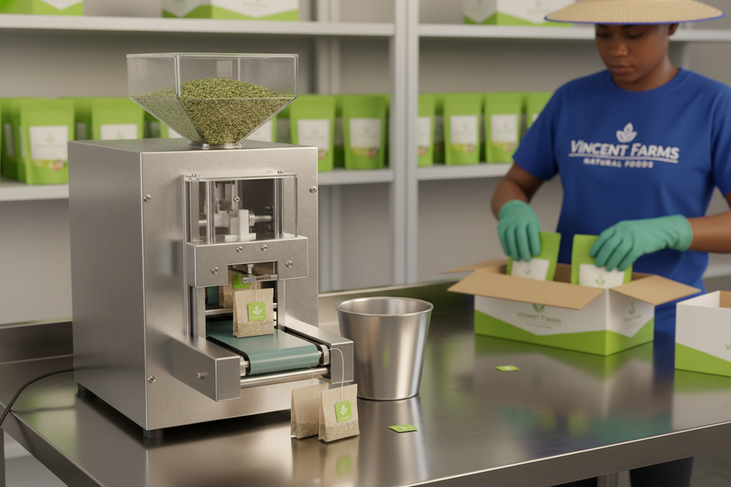 Vincent Farms Tea Packaging Machine with Lime Green Pouches