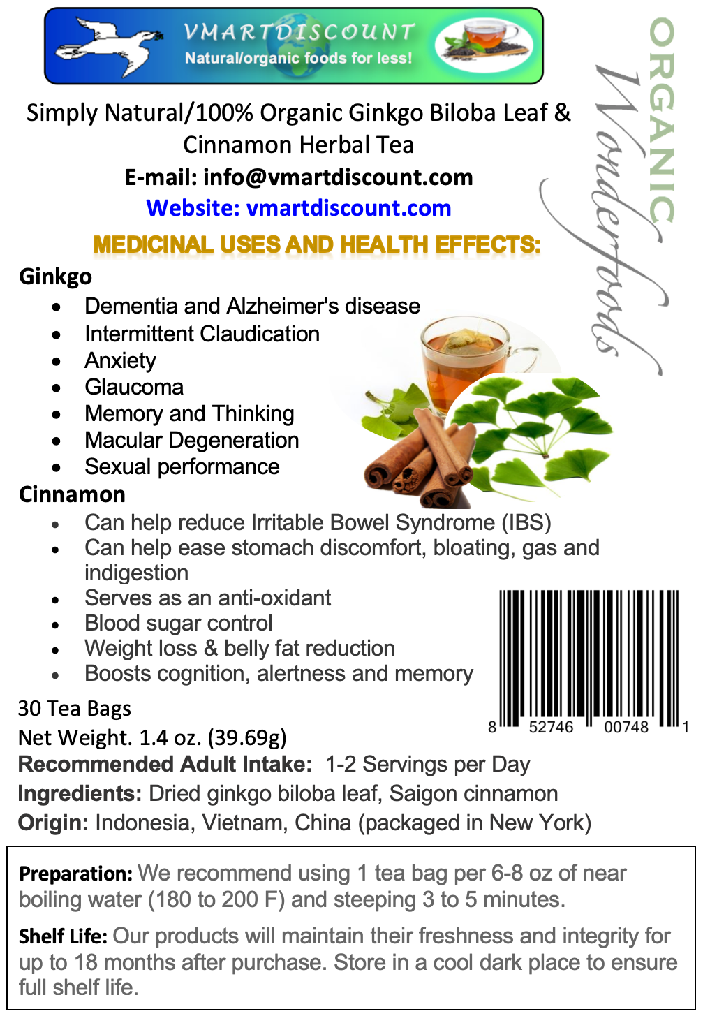 Ginkgo Biloba Leaf & Cinnamon Herbal Tea Bags