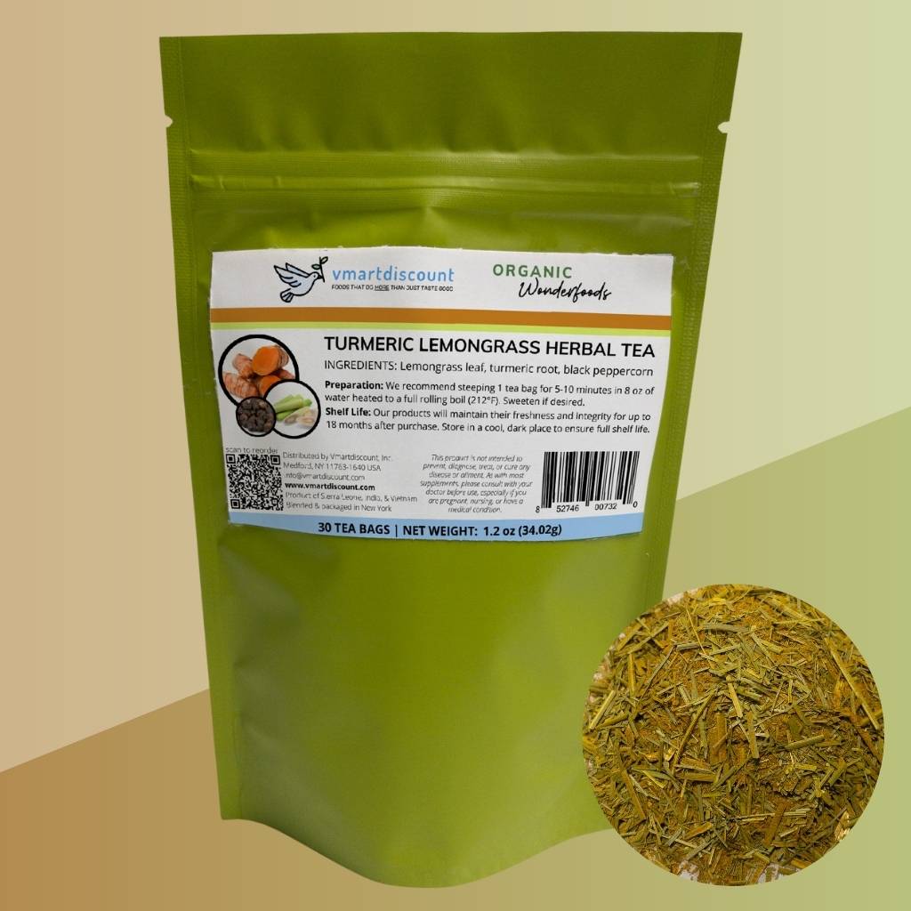 Resealable pouch of 30 count turmeric lemongrass herbal tea bags with overlay of tea bag contents, light yellow & yellow orange background