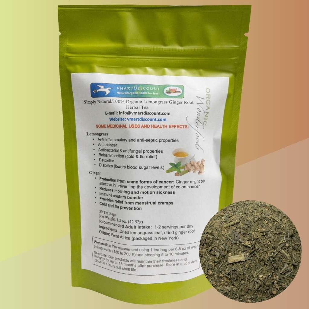 Resealable pouch of 30 count lemongrass ginger herbal tea bags with overlay of tea bag contents, light yellow & tan background