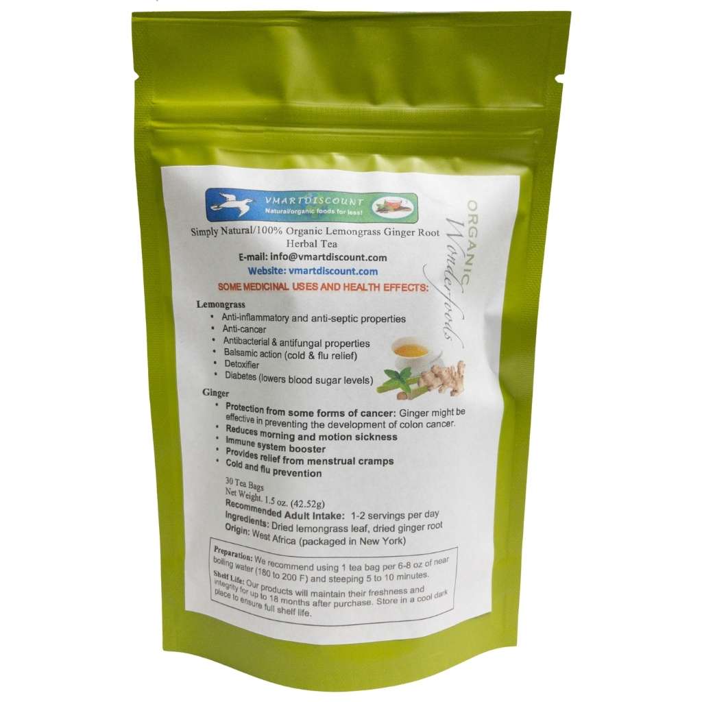 Resealable pouch of 30 count lemongrass ginger herbal tea bags