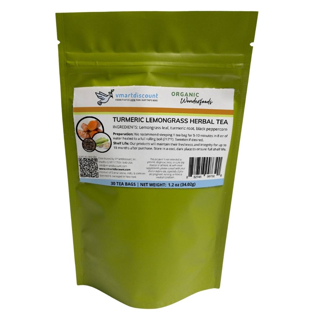 Resealable pouch of 30 count turmeric lemongrass herbal tea bags