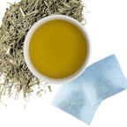 Brewed lemongrass leaf herbal tea with two tea bags and loose contents of tea bags. Many health benefits