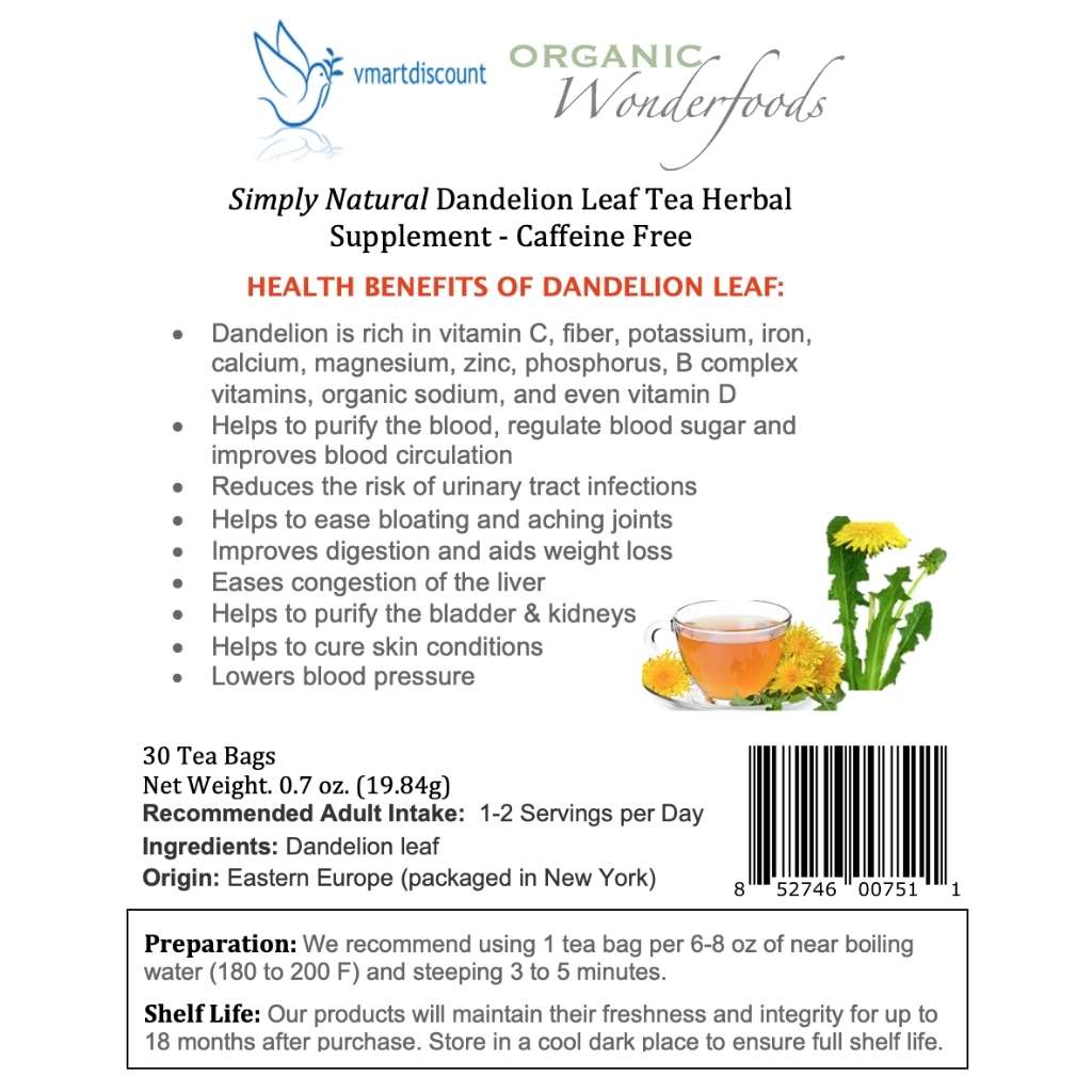 Natural Dandelion Leaf Herbal Tea Bags 30 count