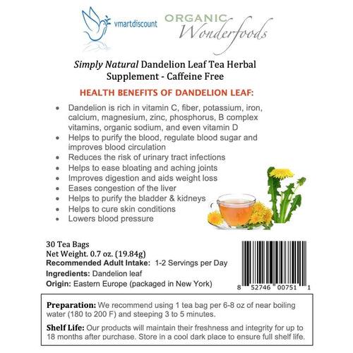 Natural Dandelion Leaf Herbal Tea Bags 30 count
