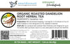 Closeup of Vmartdiscount product package label for organic dandelion root herbal tea, 30 tea bags