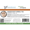 Closeup of Vmartdiscount product package label for ginger root herbal tea, 30 tea bags