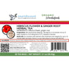 Closeup of Vmartdiscount product package label for hibiscus ginger herbal tea, 30 tea bags