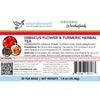 Closeup of Vmartdiscount product package label for hibiscus flower turmeric root herbal tea, 30 tea bags