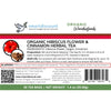 Closeup of Vmartdiscount product package label for hibiscus cinnamon herbal tea, 30 tea bags