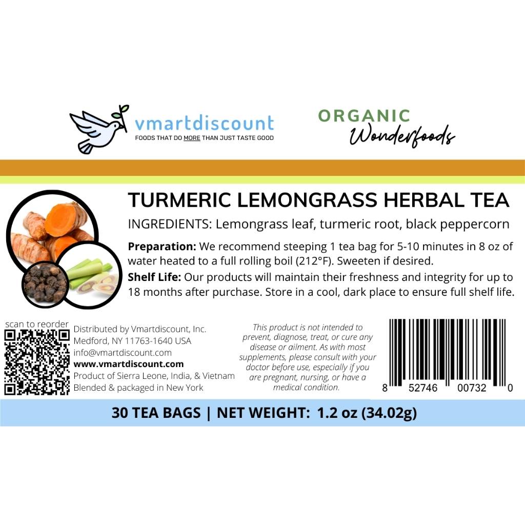 Closeup of Vmartdiscount product package label for turmeric lemongrass herbal tea, 30 tea bags