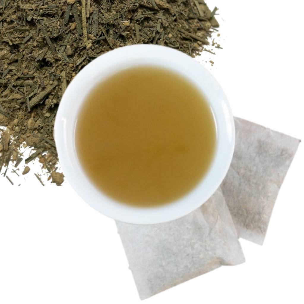 Brewed lemongrass leaf ginger root herbal tea with two tea bags and loose contents of tea bags. Naturally caffeine-free, warming beverage