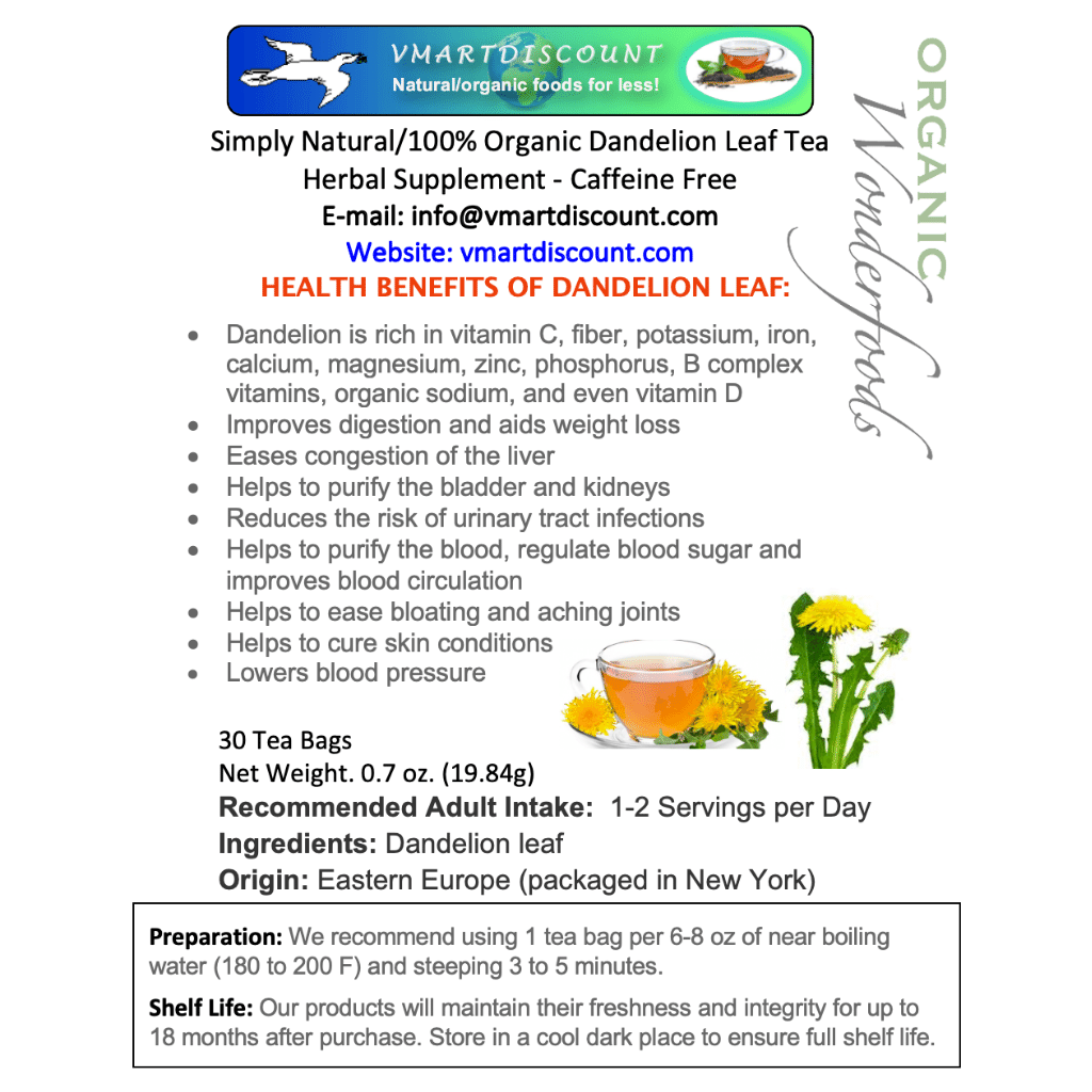 Organic Dandelion Leaf Herbal Tea Bags Caffeine Free