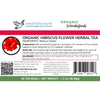 Closeup of Vmartdiscount product package label for hibiscus flower herbal tea, 30 tea bags