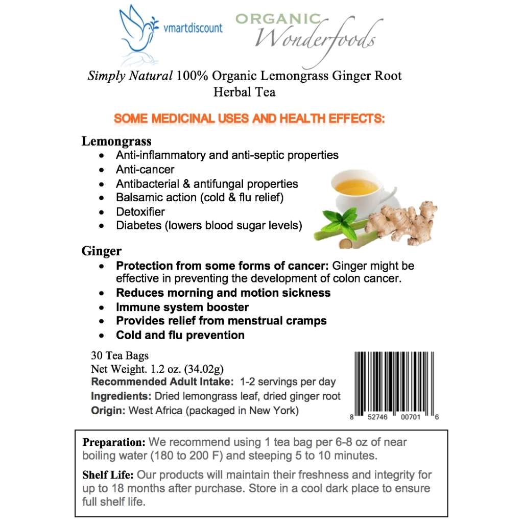 Closeup of Vmartdiscount product package label for lemongrass ginger herbal tea, 30 tea bags