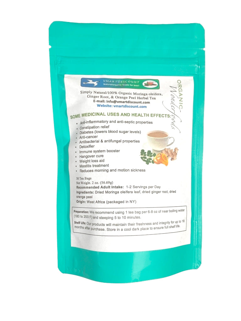 Natural & Organic Moringa oleifera, Ginger Root, & Orange Peel Herbal Tea Bags