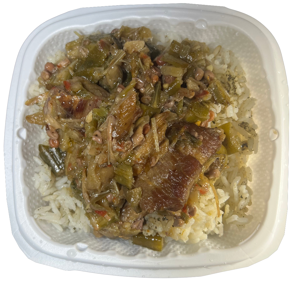 Vincent Farms okra stew with hibiscus, moringa, or jollof rice in a takeout container — farm-fresh West African ready-to-eat meal