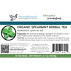 Closeup of Vmartdiscount product package label for organic spearmint herbal tea, 30 tea bags