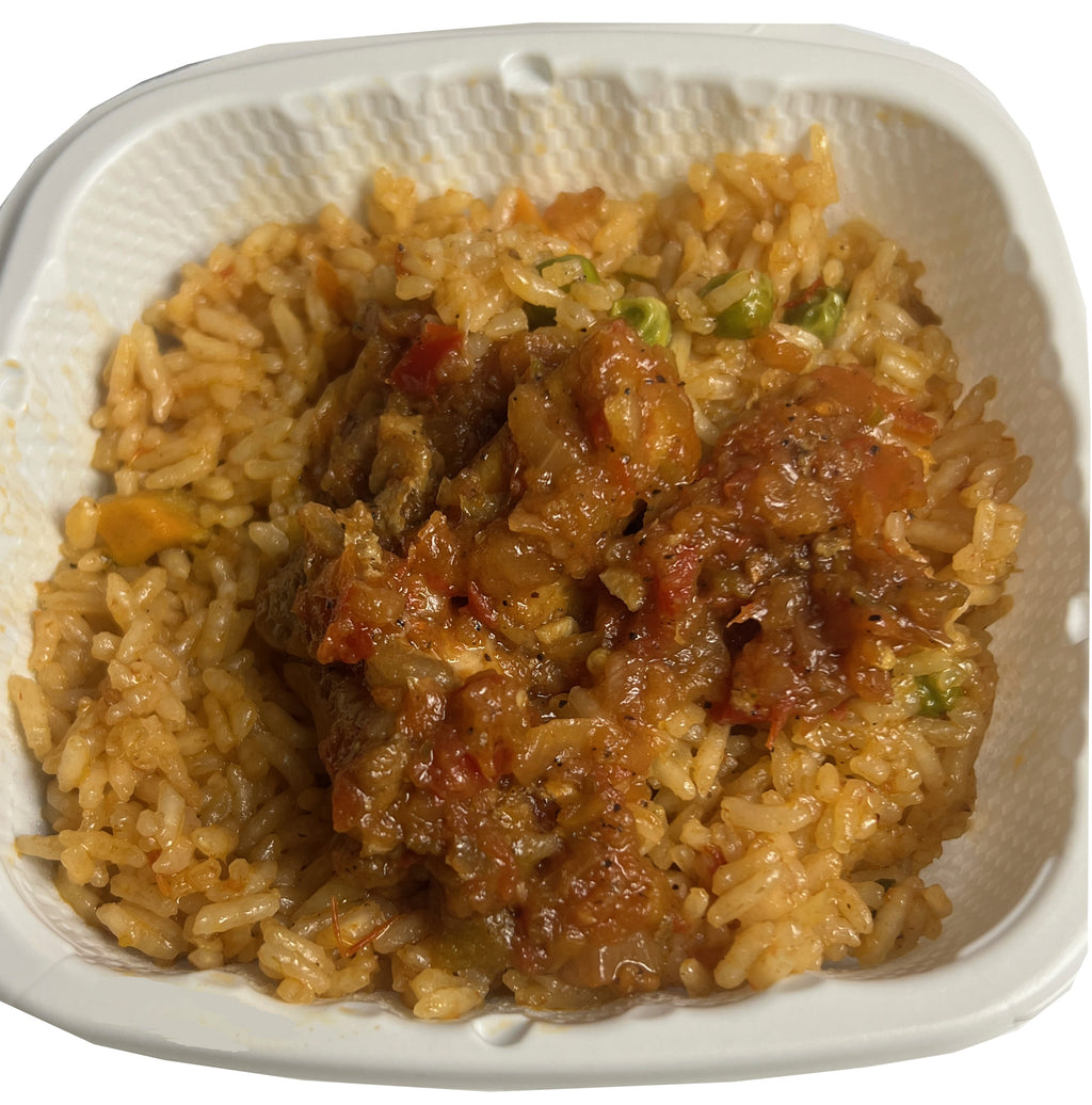 Vincent Farms stew gravy over jollof rice in a takeout container — farm-fresh West African meal, ready to eat